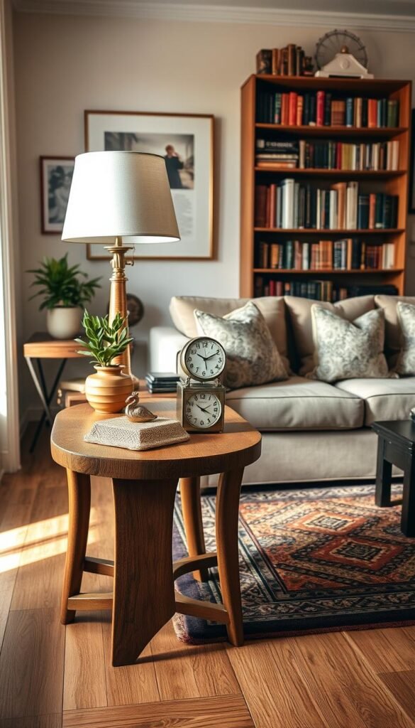 A cozy small living room featuring a walnut side table, elegantly styled with vintage decor items such as a brass lamp, a retro clock, and a small potted plant. In the foreground, the side table showcases a warm wood finish complemented by subtle textures. The middle of the room includes a plush sofa adorned with patterned cushions, while a richly textured rug lays beneath. The background displays a bookshelf filled with antique books and a tastefully arranged gallery wall. The lighting is soft and inviting, casting a warm glow throughout the space, suggesting late afternoon sunlight. The angle of the view captures the entire scene, creating an atmosphere of stylish comfort and timeless elegance that feels like it belongs in a magazine.