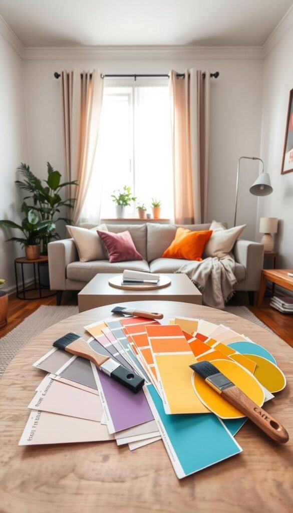 A cozy small living room featuring an array of paint samples showcasing warm and cool colors elegantly arranged on a stylish coffee table. In the foreground, a vibrant selection of paint swatches displays hues of soft lavenders, warm yellows, and serene blues, with a few well-placed brushes. The middle ground contains a comfortable, modern sofa dressed in neutral tones, complemented by colorful throw pillows. A textured area rug sits beneath the coffee table, adding warmth to the space. In the background, softly lit natural light filters through a window adorned with sheer curtains, illuminating potted plants on a low shelf. The atmosphere is inviting and thoughtfully designed, evoking a sense of spaciousness and tranquility in this intimate setting. A cozy small living room featuring an array of paint samples showcasing warm and cool colors elegantly arranged on a stylish coffee table. In the foreground, a vibrant selection of paint swatches displays hues of soft lavenders, warm yellows, and serene blues, with a few well-placed brushes. The middle ground contains a comfortable, modern sofa dressed in neutral tones, complemented by colorful throw pillows. A textured area rug sits beneath the coffee table, adding warmth to the space. In the background, softly lit natural light filters through a window adorned with sheer curtains, illuminating potted plants on a low shelf. The atmosphere is inviting and thoughtfully designed, evoking a sense of spaciousness and tranquility in this intimate setting.