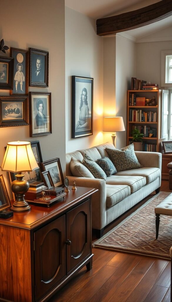 A cozy vintage living room design featuring a beautifully crafted sideboard as the centerpiece. In the foreground, the sideboard displays curated antique collectibles, framed photographs, and a vintage lamp with a warm glow. The middle layer includes a comfortable sofa adorned with patterned cushions, surrounded by a chic area rug that enhances the nostalgic ambiance. In the background, gentle lighting from a nearby window casts soft shadows, illuminating retro wall art and a bookshelf filled with classic novels. The atmosphere is inviting and reminiscent, evoking a sense of warmth and nostalgia. The scene captures a harmonious blend of textures and colors, with a focus on earth tones and rich woods, inviting viewers to imagine spending time in this charming setting. A cozy vintage living room design featuring a beautifully crafted sideboard as the centerpiece. In the foreground, the sideboard displays curated antique collectibles, framed photographs, and a vintage lamp with a warm glow. The middle layer includes a comfortable sofa adorned with patterned cushions, surrounded by a chic area rug that enhances the nostalgic ambiance. In the background, gentle lighting from a nearby window casts soft shadows, illuminating retro wall art and a bookshelf filled with classic novels. The atmosphere is inviting and reminiscent, evoking a sense of warmth and nostalgia. The scene captures a harmonious blend of textures and colors, with a focus on earth tones and rich woods, inviting viewers to imagine spending time in this charming setting.