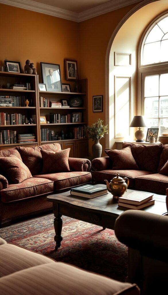 A cozy vintage living room featuring warm neutral walls that create an inviting atmosphere. The foreground showcases plush, vintage upholstery with intricate patterns in rich earth tones. Dark red accents, such as a patterned rug and throw pillows, add depth and warmth. In the middle ground, a rustic wooden coffee table holds a vintage teapot and a few books, inviting relaxation. The background includes a stylishly arranged bookshelf filled with nostalgic decor and framed black-and-white photographs, softly illuminated by natural light coming through a large window, casting gentle shadows. The overall mood is nostalgic and homey, evoking a sense of comfort and timeless elegance. Capture this scene at a medium-wide angle to highlight the cozy layout and contemporary vintage charm. A cozy vintage living room featuring warm neutral walls that create an inviting atmosphere. The foreground showcases plush, vintage upholstery with intricate patterns in rich earth tones. Dark red accents, such as a patterned rug and throw pillows, add depth and warmth. In the middle ground, a rustic wooden coffee table holds a vintage teapot and a few books, inviting relaxation. The background includes a stylishly arranged bookshelf filled with nostalgic decor and framed black-and-white photographs, softly illuminated by natural light coming through a large window, casting gentle shadows. The overall mood is nostalgic and homey, evoking a sense of comfort and timeless elegance. Capture this scene at a medium-wide angle to highlight the cozy layout and contemporary vintage charm.
