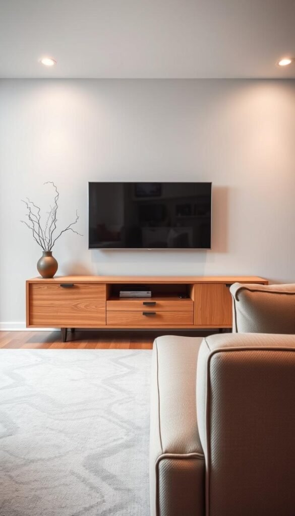 A low-profile wood console table positioned seamlessly beneath a sleek, flat-screen TV in a modern living room. The console features clean lines and a warm, natural finish, showcasing subtle grain patterns. In the foreground, a decorative vase adds a touch of minimalist elegance. The middle ground includes the TV mounted on a light gray wall, providing a sophisticated contrast. Soft, diffused lighting emanates from recessed ceiling fixtures, creating a cozy ambiance. In the background, a plush, neutral-toned sofa and a geometric-patterned rug enhance the contemporary feel. The overall atmosphere is inviting and serene, perfect for a stylish modern living space, captured with a slightly elevated angle to emphasize the depth of the room.
