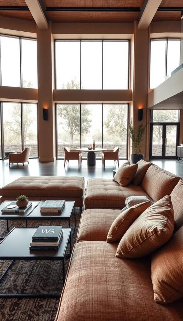 A luxurious contemporary living room featuring a comfortable sofa with modular seating and rich, textured upholstery, exuding sophistication. The sofa is positioned in the foreground, showcasing its inviting cushions and elegant design. In the middle ground, minimalist coffee tables with sleek lines complement the sofa, adorned with tasteful decor items like stylish books and a small potted plant. The background reveals large windows allowing soft, natural light to flood the space, enhancing the warm color palette. Use a wide-angle perspective to capture the entire scene, emphasizing the spacious feel of the room. The atmosphere is serene and elegant, perfect for contemporary luxury living. A luxurious contemporary living room featuring a comfortable sofa with modular seating and rich, textured upholstery, exuding sophistication. The sofa is positioned in the foreground, showcasing its inviting cushions and elegant design. In the middle ground, minimalist coffee tables with sleek lines complement the sofa, adorned with tasteful decor items like stylish books and a small potted plant. The background reveals large windows allowing soft, natural light to flood the space, enhancing the warm color palette. Use a wide-angle perspective to capture the entire scene, emphasizing the spacious feel of the room. The atmosphere is serene and elegant, perfect for contemporary luxury living.