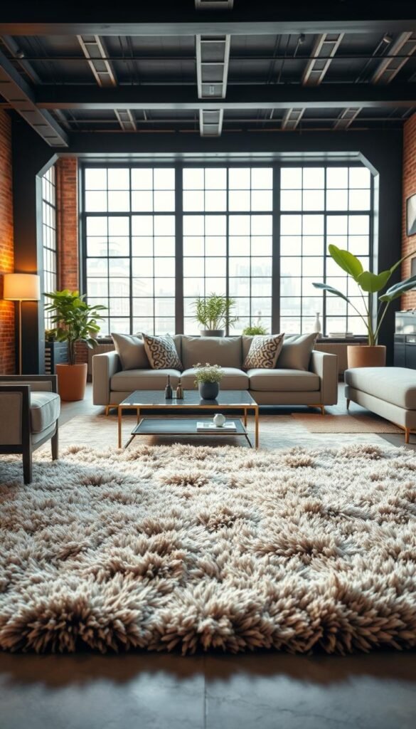 A luxurious industrial living room featuring a plush wool and silk rug that softens the space, adding warmth to the cool, sleek elements around it. In the foreground, the rich texture of the rug contrasts beautifully with polished concrete flooring. The middle of the scene showcases a modern sofa with elegant throw pillows, adorned with stylish metallic and wooden coffee tables. The background reveals large windows allowing natural light to flood the room, highlighting the industrial beams and brick walls. A subtle play of warm and cool lighting creates a cozy yet sophisticated atmosphere, while a potted plant adds a touch of vibrancy. The image captures the essence of modern luxury living, inviting relaxation and glamour.