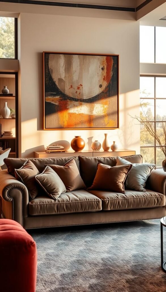 A luxurious living room featuring a plush, comfortable sofa adorned with an array of stylish throw pillows in rich textures and colors. The sofa is set against a backdrop of a modern art piece hung on the wall, adding an artistic flair to the space. Warm, natural light streams in through large windows, creating a soft glow that enhances the inviting atmosphere. The room is decorated with a chic area rug and tasteful decorative elements such as vases and bookshelves in the background. Capture this scene with a mid-range perspective that emphasizes both the sofa and the artwork, evoking a sense of elegance and comfort in modern interior design. The mood should be cozy yet sophisticated, illustrating the essence of luxury living. A luxurious living room featuring a plush, comfortable sofa adorned with an array of stylish throw pillows in rich textures and colors. The sofa is set against a backdrop of a modern art piece hung on the wall, adding an artistic flair to the space. Warm, natural light streams in through large windows, creating a soft glow that enhances the inviting atmosphere. The room is decorated with a chic area rug and tasteful decorative elements such as vases and bookshelves in the background. Capture this scene with a mid-range perspective that emphasizes both the sofa and the artwork, evoking a sense of elegance and comfort in modern interior design. The mood should be cozy yet sophisticated, illustrating the essence of luxury living.