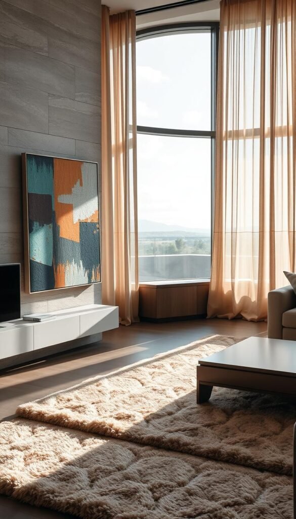 A luxurious living room scene showcasing a blend of modern art and a tactile, plush rug. In the foreground, there's a vibrant abstract painting featuring rich textures and colors, elegantly placed above a sleek, minimalist console. Beside it, a sumptuous rug with intricate patterns invites touch, complementing the overall aesthetic. The middle section features contrasting elements: smooth, cool stone walls juxtaposed with soft, natural linen curtains that gently diffuse sunlight, creating a warm glow. In the background, large windows reveal a picturesque outdoor view, enhancing the serene atmosphere. The scene is captured with a soft focus, using a 35mm lens at a slightly elevated angle to emphasize depth, with natural lighting that fosters a tranquil yet sophisticated mood. A luxurious living room scene showcasing a blend of modern art and a tactile, plush rug. In the foreground, there's a vibrant abstract painting featuring rich textures and colors, elegantly placed above a sleek, minimalist console. Beside it, a sumptuous rug with intricate patterns invites touch, complementing the overall aesthetic. The middle section features contrasting elements: smooth, cool stone walls juxtaposed with soft, natural linen curtains that gently diffuse sunlight, creating a warm glow. In the background, large windows reveal a picturesque outdoor view, enhancing the serene atmosphere. The scene is captured with a soft focus, using a 35mm lens at a slightly elevated angle to emphasize depth, with natural lighting that fosters a tranquil yet sophisticated mood.