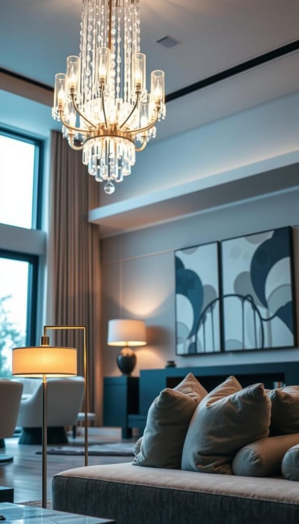 A luxurious modern living room featuring a grand chandelier casting soft, ambient light from above. In the foreground, a stylish reading lamp with a warm glow sits beside a plush, contemporary sofa adorned with elegant cushions. The walls are decorated with sophisticated artwork showcasing abstract designs in muted tones. In the background, large windows allow natural light to filter in, enhancing the room's inviting atmosphere. Use a wide-angle lens to capture the spacious layout, highlighting the interplay of light and shadows. The overall mood should feel sophisticated yet cozy, ideal for relaxation and enjoyment in a modern luxury setting. A luxurious modern living room featuring a grand chandelier casting soft, ambient light from above. In the foreground, a stylish reading lamp with a warm glow sits beside a plush, contemporary sofa adorned with elegant cushions. The walls are decorated with sophisticated artwork showcasing abstract designs in muted tones. In the background, large windows allow natural light to filter in, enhancing the room's inviting atmosphere. Use a wide-angle lens to capture the spacious layout, highlighting the interplay of light and shadows. The overall mood should feel sophisticated yet cozy, ideal for relaxation and enjoyment in a modern luxury setting.