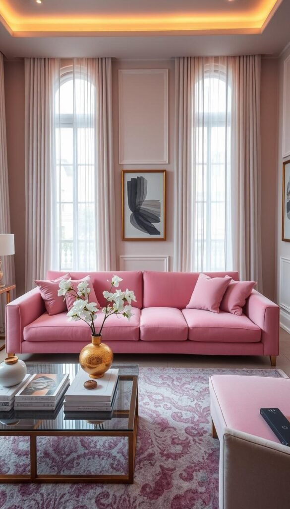 A luxurious modern living room featuring a striking pink sofa as the centerpiece, elegantly designed with plush cushions and a sleek silhouette. In the foreground, a stylish coffee table adorned with decorative books and a gold vase with white flowers complements the sofa. In the middle area, a tasteful area rug grounds the space, and a few minimalist decor pieces add sophistication. The background showcases tall windows draped in sheer white curtains, allowing natural light to flood the room, highlighting the soft pastel color palette. Modern art pieces hang on the walls, enhancing the luxurious atmosphere. Warm, ambient lighting creates a cozy yet glamorous mood, shot from a slightly elevated angle using a wide-angle lens to capture the room's design and richness in detail.