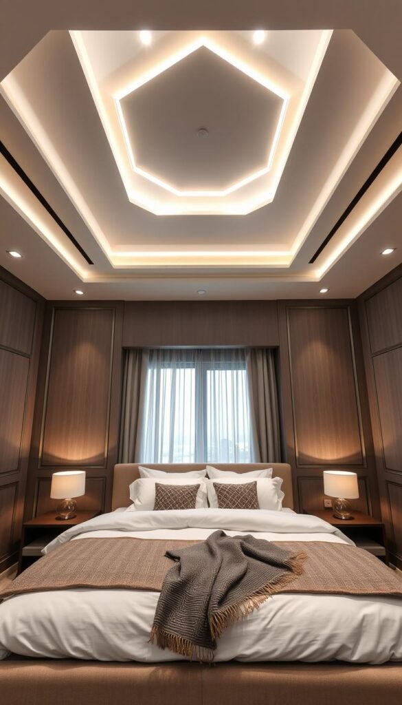 A modern bedroom featuring a geometric ceiling recess as its focal point, elegantly contrasting with a restrained panel design on the walls. The ceiling showcases a hexagonal pattern, softly illuminated by recessed lighting that casts a warm glow, enhancing the clean lines and depth. In the foreground, a neatly made bed with crisp white linens and a textured throw adds a touch of comfort, while minimalistic bedside tables hold simple lamps. The room’s color palette consists of soft grays and muted earth tones, creating a calming atmosphere. The background reveals a window dressed in sheer curtains, allowing gentle natural light to filter through, enhancing the serene mood. Shot with a wide-angle lens from a slightly elevated perspective, capturing the harmonious balance between architectural detail and cozy aesthetics. A modern bedroom featuring a geometric ceiling recess as its focal point, elegantly contrasting with a restrained panel design on the walls. The ceiling showcases a hexagonal pattern, softly illuminated by recessed lighting that casts a warm glow, enhancing the clean lines and depth. In the foreground, a neatly made bed with crisp white linens and a textured throw adds a touch of comfort, while minimalistic bedside tables hold simple lamps. The room’s color palette consists of soft grays and muted earth tones, creating a calming atmosphere. The background reveals a window dressed in sheer curtains, allowing gentle natural light to filter through, enhancing the serene mood. Shot with a wide-angle lens from a slightly elevated perspective, capturing the harmonious balance between architectural detail and cozy aesthetics.