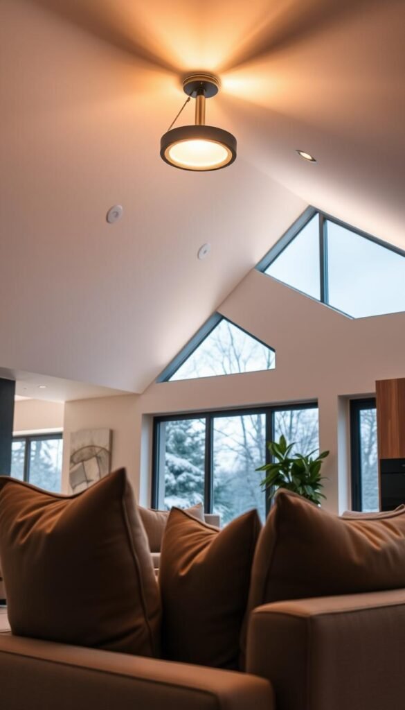 A modern living room featuring a beautifully sloped ceiling adorned with a sleek gimbal light aimed downward. The light casts a warm, inviting glow across the room, highlighting the elegant furniture and rich textures. In the foreground, stylish furnishings in muted earth tones provide a cozy ambiance, complemented by plush cushions. The middle ground showcases the architectural detail of the sloped ceiling, where the gimbal light is subtly integrated into the design. In the background, large windows allow soft, natural light to mix with the artificial glow, creating a harmonious atmosphere. Capture this scene with a slight upward angle to emphasize the ceiling's height and the dynamic play of light and shadows, evoking a sense of tranquility and modern sophistication. A modern living room featuring a beautifully sloped ceiling adorned with a sleek gimbal light aimed downward. The light casts a warm, inviting glow across the room, highlighting the elegant furniture and rich textures. In the foreground, stylish furnishings in muted earth tones provide a cozy ambiance, complemented by plush cushions. The middle ground showcases the architectural detail of the sloped ceiling, where the gimbal light is subtly integrated into the design. In the background, large windows allow soft, natural light to mix with the artificial glow, creating a harmonious atmosphere. Capture this scene with a slight upward angle to emphasize the ceiling's height and the dynamic play of light and shadows, evoking a sense of tranquility and modern sophistication.
