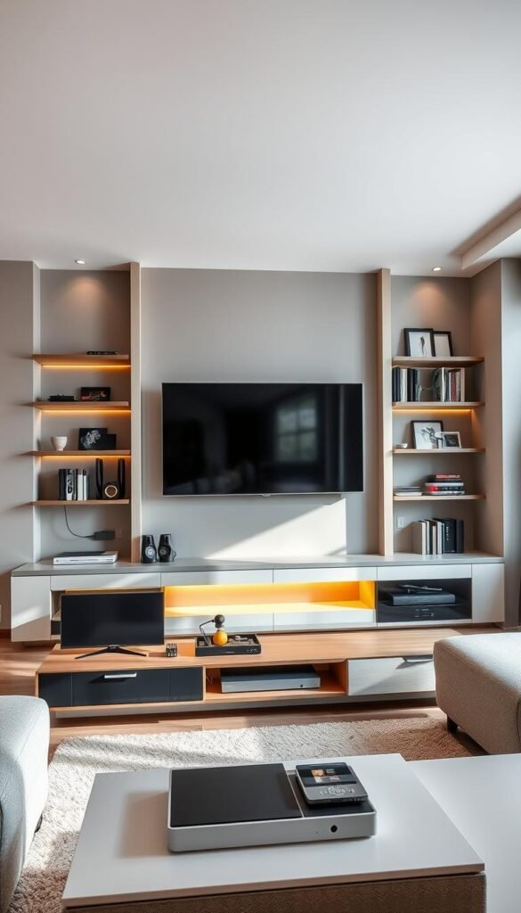 A modern living room featuring a sleek TV wall with a neatly arranged cable management system. In the foreground, a stylish media console holds various electronics and decorative items, with soft, warm lighting casting a cozy atmosphere. The middle layer showcases a large, flat-screen TV mounted on the wall, flanked by elegant shelves displaying books and art pieces, creating an inviting focal point. The background features a calm, muted wall color that complements the furniture, enhancing the contemporary vibe. A large window allows natural light to filter in, enriching the room's ambiance with a touch of serenity and warmth. Use a wide-angle lens perspective to capture the spaciousness and design coherence of the living area, ensuring a professional and polished look. A modern living room featuring a sleek TV wall with a neatly arranged cable management system. In the foreground, a stylish media console holds various electronics and decorative items, with soft, warm lighting casting a cozy atmosphere. The middle layer showcases a large, flat-screen TV mounted on the wall, flanked by elegant shelves displaying books and art pieces, creating an inviting focal point. The background features a calm, muted wall color that complements the furniture, enhancing the contemporary vibe. A large window allows natural light to filter in, enriching the room's ambiance with a touch of serenity and warmth. Use a wide-angle lens perspective to capture the spaciousness and design coherence of the living area, ensuring a professional and polished look.