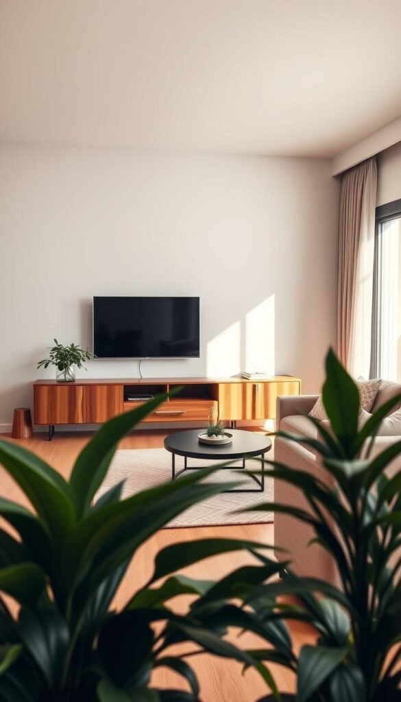 A modern living room featuring a sleek fluted warm wood TV unit positioned against a neutral-colored wall. The unit showcases elegant lines and a beautiful grain, offering a contemporary aesthetic. In the foreground, lush indoor plants add a touch of greenery, while a cozy area rug in soft tones anchors the space. The middle ground includes a stylish sofa adorned with textured cushions and a minimalist coffee table. Natural light floods the room, creating inviting highlights and soft shadows, enhancing the wood's warmth. A subtle, spacious atmosphere evokes feelings of calm and relaxation, captured from a slightly elevated angle to emphasize the design elements and overall harmony of the living room layout. A modern living room featuring a sleek fluted warm wood TV unit positioned against a neutral-colored wall. The unit showcases elegant lines and a beautiful grain, offering a contemporary aesthetic. In the foreground, lush indoor plants add a touch of greenery, while a cozy area rug in soft tones anchors the space. The middle ground includes a stylish sofa adorned with textured cushions and a minimalist coffee table. Natural light floods the room, creating inviting highlights and soft shadows, enhancing the wood's warmth. A subtle, spacious atmosphere evokes feelings of calm and relaxation, captured from a slightly elevated angle to emphasize the design elements and overall harmony of the living room layout.