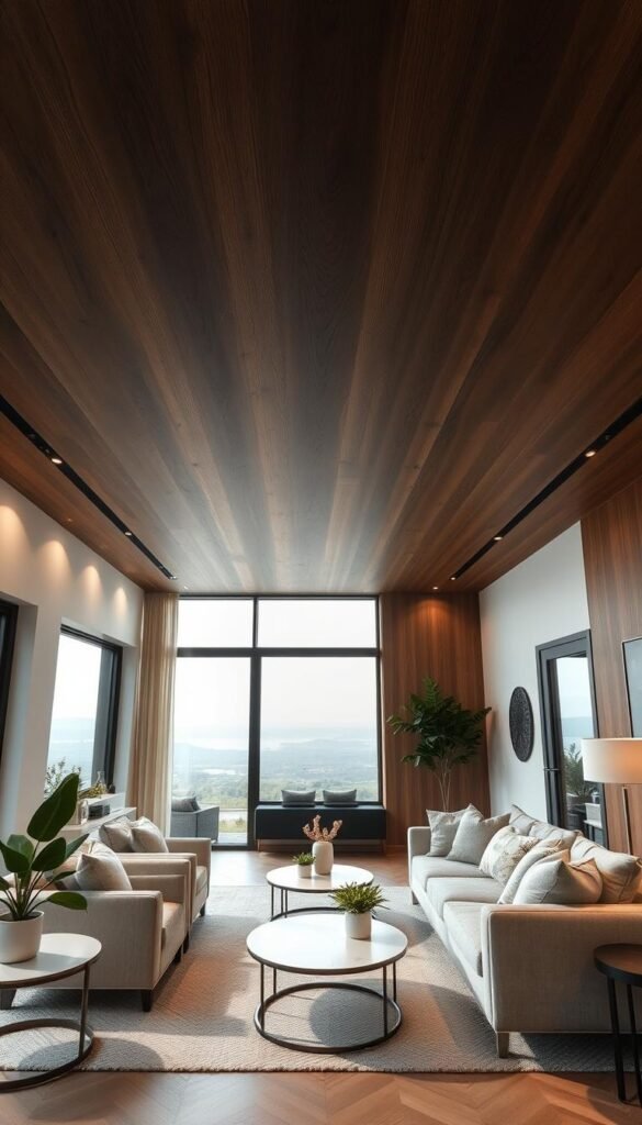 A modern living room featuring a smoked oak ceiling panel, beautifully contrasting with lighter finishes in the furnishings and decor. The foreground shows a cozy seating area with soft, neutral-toned cushions on a stylish sofa, accompanied by minimalist coffee tables and decorative plants. In the middle ground, the smoked oak ceiling is richly detailed, emphasizing its texture and warmth, while ambient lighting casts a gentle glow across the room. The background showcases a serene view through large windows, with natural light filtering in to enhance the inviting atmosphere. Shot from a low angle to emphasize the ceiling's height, the image conveys a chic and sophisticated mood, perfect for a contemporary living space. A modern living room featuring a smoked oak ceiling panel, beautifully contrasting with lighter finishes in the furnishings and decor. The foreground shows a cozy seating area with soft, neutral-toned cushions on a stylish sofa, accompanied by minimalist coffee tables and decorative plants. In the middle ground, the smoked oak ceiling is richly detailed, emphasizing its texture and warmth, while ambient lighting casts a gentle glow across the room. The background showcases a serene view through large windows, with natural light filtering in to enhance the inviting atmosphere. Shot from a low angle to emphasize the ceiling's height, the image conveys a chic and sophisticated mood, perfect for a contemporary living space.
