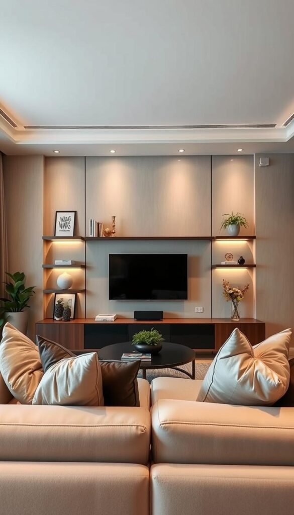 A modern living room featuring a stylish TV wall design for 2025, showcasing soft indirect lighting that casts gentle shadows and depth around the space. In the foreground, plush, light-colored sofas with elegant throw pillows invite comfort. The middle ground focuses on a sleek, mounted flat-screen TV, framed by minimalist shelving displaying decorative items and greenery. The background includes a softly textured wall in neutral tones, enhancing the ambiance. The lighting source is warm and diffused, creating a cozy atmosphere. Use a wide-angle lens to capture the entirety of the room, with a slightly elevated perspective, conveying a sense of spaciousness and modern sophistication. Overall, the mood is tranquil yet stylish, perfect for a chic living area.