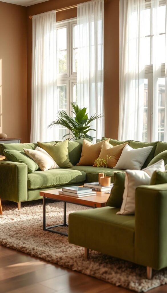 A modern living room featuring a stylish green sofa adorned with assorted cushions in various shades of green and white. In the foreground, the plush sofa is positioned casually on a soft, beige area rug, enhancing its inviting appearance. The cushions are arranged artfully, adding texture and comfort. In the middle ground, a sleek wooden coffee table holds a tasteful arrangement of books and a small potted plant, contributing to the natural theme. The background showcases large windows draped with sheer white curtains, allowing soft, natural light to fill the room, creating a warm and welcoming atmosphere. The walls are painted in a muted earthy tone, further emphasizing the connection to nature. Capture the scene with a bright, airy mood and a slightly elevated angle for a comprehensive view. A modern living room featuring a stylish green sofa adorned with assorted cushions in various shades of green and white. In the foreground, the plush sofa is positioned casually on a soft, beige area rug, enhancing its inviting appearance. The cushions are arranged artfully, adding texture and comfort. In the middle ground, a sleek wooden coffee table holds a tasteful arrangement of books and a small potted plant, contributing to the natural theme. The background showcases large windows draped with sheer white curtains, allowing soft, natural light to fill the room, creating a warm and welcoming atmosphere. The walls are painted in a muted earthy tone, further emphasizing the connection to nature. Capture the scene with a bright, airy mood and a slightly elevated angle for a comprehensive view.