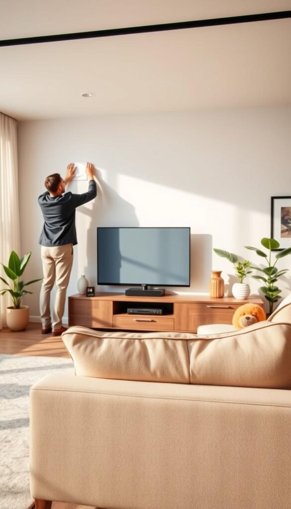 A modern living room featuring a stylish sofa positioned centrally. In the foreground, a person in smart casual attire stands beside the sofa, attentively measuring the height of a flat-screen television mounted on the wall. The middle ground displays a sleek TV unit, blending contemporary design with subtle wood accents. The background showcases tastefully curated decor, including indoor plants and minimalist artwork, providing a warm and inviting atmosphere. Soft, natural lighting filters through a large window, creating a cozy ambiance. The scene is captured at a slightly elevated angle, emphasizing the interaction between the viewer and the television, with an overall focus on sophisticated interior design. A modern living room featuring a stylish sofa positioned centrally. In the foreground, a person in smart casual attire stands beside the sofa, attentively measuring the height of a flat-screen television mounted on the wall. The middle ground displays a sleek TV unit, blending contemporary design with subtle wood accents. The background showcases tastefully curated decor, including indoor plants and minimalist artwork, providing a warm and inviting atmosphere. Soft, natural lighting filters through a large window, creating a cozy ambiance. The scene is captured at a slightly elevated angle, emphasizing the interaction between the viewer and the television, with an overall focus on sophisticated interior design.