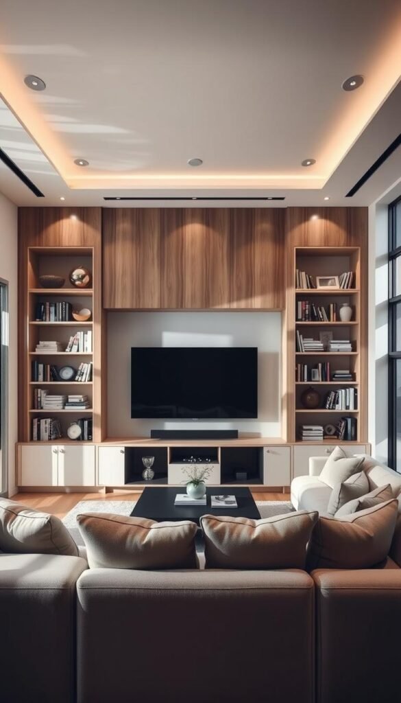 A modern living room featuring elegant built-in cabinetry surrounding a large flat-screen TV. In the foreground, the TV is centrally positioned, flanked by bookshelves filled with books and decorative items, creating a harmonious focal point. The cabinetry is sleek with a combination of light wood and white finishes, showcasing a minimalist design. The middle ground highlights a cozy sectional sofa in neutral tones, along with soft cushions and a stylish coffee table. In the background, large windows allow natural light to filter in, casting warm, inviting shadows across the room. The overall atmosphere is contemporary and inviting, ideal for relaxation and entertainment, captured with soft, diffused lighting from overhead fixtures for a serene ambiance.
