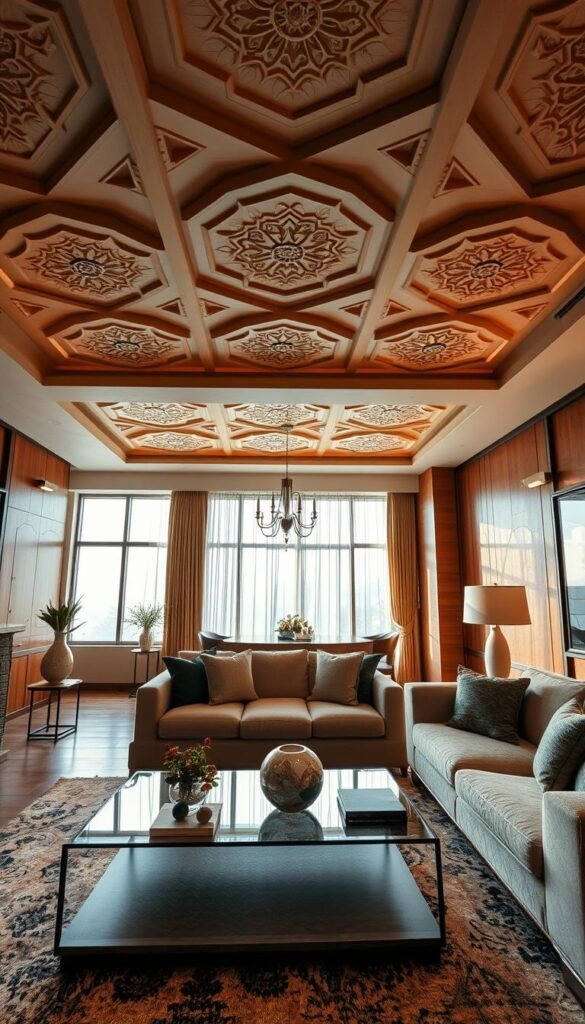 A modern living room featuring gypsum ceiling panels with intricate geometric designs, elegantly contrasting with warm wood accents on the walls and furniture. In the foreground, a stylish coffee table sits adorned with decorative items and a cozy rug beneath it. In the middle, plush sofas invite relaxation, upholstered in soft textiles, highlighting the harmonious balance with the ceiling and wood elements. The background showcases large windows allowing soft, natural light to bathe the room, enhancing the warm ambiance. The scene is captured from a slightly elevated angle, using a wide-angle lens to emphasize the spaciousness, with a warm color palette that creates an inviting, elegant atmosphere perfect for relaxation and gatherings. A modern living room featuring gypsum ceiling panels with intricate geometric designs, elegantly contrasting with warm wood accents on the walls and furniture. In the foreground, a stylish coffee table sits adorned with decorative items and a cozy rug beneath it. In the middle, plush sofas invite relaxation, upholstered in soft textiles, highlighting the harmonious balance with the ceiling and wood elements. The background showcases large windows allowing soft, natural light to bathe the room, enhancing the warm ambiance. The scene is captured from a slightly elevated angle, using a wide-angle lens to emphasize the spaciousness, with a warm color palette that creates an inviting, elegant atmosphere perfect for relaxation and gatherings.