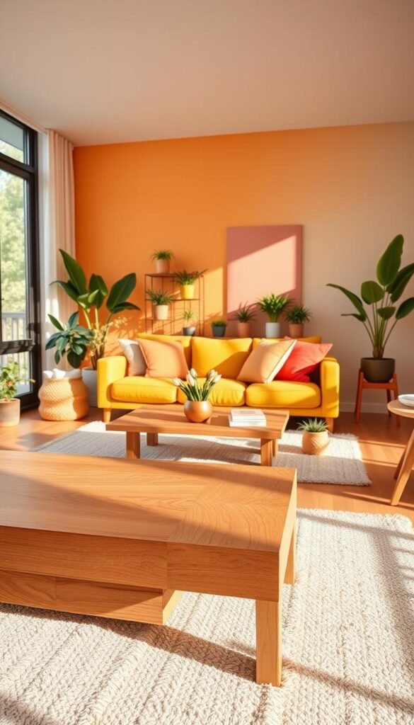 A modern living room featuring warm wooden furniture that complements a vibrant color palette. In the foreground, a sleek wooden coffee table with natural grain patterns sits atop a soft, textured rug. In the middle, a cozy sofa upholstered in shades of yellow and coral, adorned with colorful throw pillows, invites relaxation. The background showcases large windows allowing natural light to flood the space, casting warm, soft shadows. A tasteful array of potted plants adds a touch of greenery, creating a cheerful atmosphere. Accent walls in pastel hues provide depth and vibrancy to the room. The overall mood is inviting and uplifting, ideal for a happy living space, captured with a wide-angle lens to emphasize the openness and warmth of the design. A modern living room featuring warm wooden furniture that complements a vibrant color palette. In the foreground, a sleek wooden coffee table with natural grain patterns sits atop a soft, textured rug. In the middle, a cozy sofa upholstered in shades of yellow and coral, adorned with colorful throw pillows, invites relaxation. The background showcases large windows allowing natural light to flood the space, casting warm, soft shadows. A tasteful array of potted plants adds a touch of greenery, creating a cheerful atmosphere. Accent walls in pastel hues provide depth and vibrancy to the room. The overall mood is inviting and uplifting, ideal for a happy living space, captured with a wide-angle lens to emphasize the openness and warmth of the design.