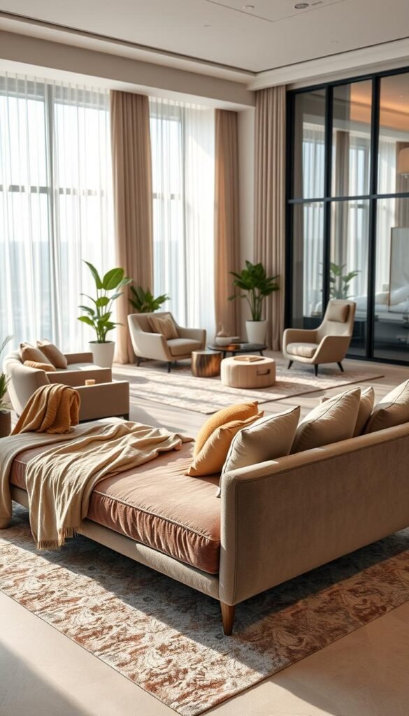 A modern luxury living room featuring a stylish daybed paired with flexible seating options that invite relaxation. In the foreground, the daybed is adorned with plush, elegant cushions in muted tones, and a soft throw blanket drapes casually over one side. The middle ground showcases various seating arrangements, including a sleek, contemporary armchair and a chic ottoman, all set on a luxurious area rug. The background features large windows with sheer drapes, allowing natural light to flood the space and creating a bright, airy atmosphere. Subtle decor elements, like potted plants and art pieces, enhance the room's glamour. The image captures a warm, inviting mood, emphasizing modern elegance. Use a wide-angle lens to encompass the spacious layout, with soft, diffused lighting highlighting the textures and colors.