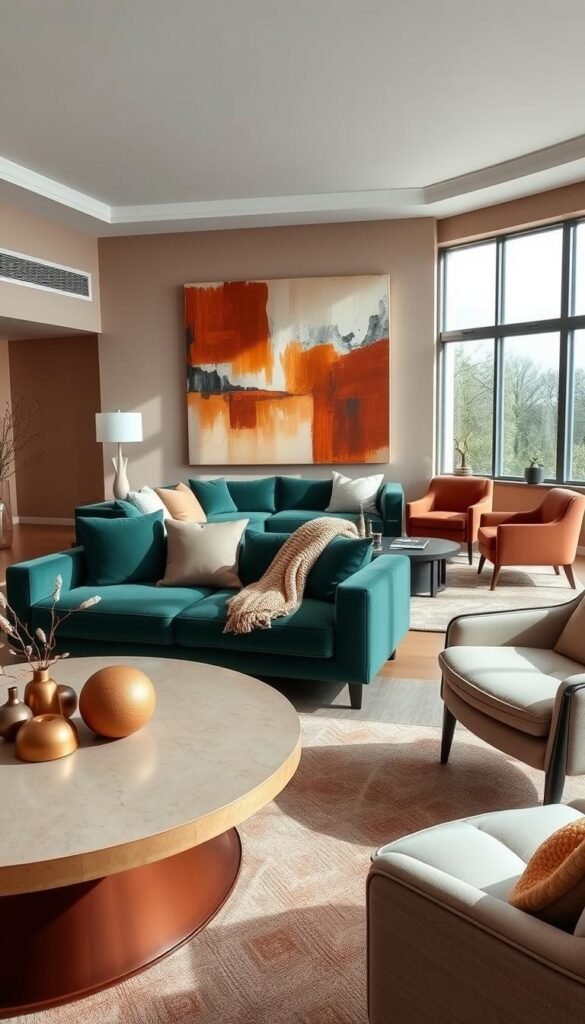 A modern luxury living room showcasing deep and soft paint colors such as muted emerald green, warm terracotta, and soft beige. In the foreground, an elegantly styled coffee table adorned with a few minimalist decor pieces and a cozy textured throw. The middle ground features a plush sectional sofa in a rich hue paired with oversized cushions. Elegant armchairs and a chic area rug complement the furniture arrangement. In the background, a softly lit wall with a large piece of abstract art that reflects the paint colors, and large windows allowing natural light to pour in, creating a warm and inviting atmosphere. The image captures a harmonious blend of sophistication and comfort, emphasizing the luxurious yet cozy ambiance of a modern living room. Bright daylight enhances the serene mood, with a wide-angle perspective to encompass the entire setting.