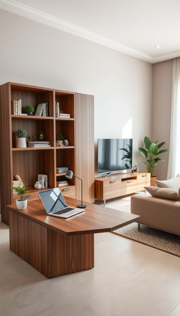 A modern modular living room unit designed with sleek, geometric lines. The foreground features a minimalist compact work surface integrated into the unit, adorned with a stylish laptop and a small desk lamp. Shelves display an array of decorative items, such as books and plants, adding a touch of greenery. The middle ground reveals the living room unit itself, finished in a warm walnut wood, with a soft matte texture. The background showcases a cozy, inviting atmosphere with a plush sofa and a subtle accent wall painted in a soft, neutral tone. Natural light filters through a large window, creating a warm and welcoming ambiance. The scene is captured using a wide-angle lens to emphasize space, with a focus on the vibrant details of the living room setup. A modern modular living room unit designed with sleek, geometric lines. The foreground features a minimalist compact work surface integrated into the unit, adorned with a stylish laptop and a small desk lamp. Shelves display an array of decorative items, such as books and plants, adding a touch of greenery. The middle ground reveals the living room unit itself, finished in a warm walnut wood, with a soft matte texture. The background showcases a cozy, inviting atmosphere with a plush sofa and a subtle accent wall painted in a soft, neutral tone. Natural light filters through a large window, creating a warm and welcoming ambiance. The scene is captured using a wide-angle lens to emphasize space, with a focus on the vibrant details of the living room setup.