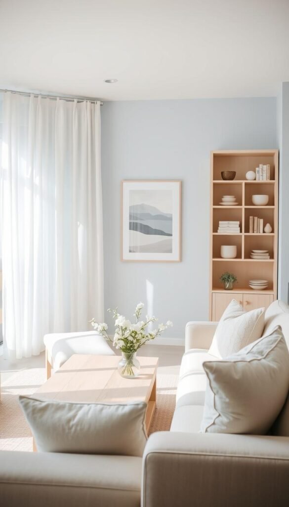 A pale blue living room, featuring a comfortable beige sofa with fluffy cushions, is set in the foreground. In the middle, a light wooden coffee table with a vase of subtle white flowers adds warmth, complemented by a soft area rug with neutral tones. The walls are painted a calming pale blue, adorned with simple, framed artwork depicting abstract coastal scenes. Natural light streams through sheer white curtains, creating a bright and inviting atmosphere. In the background, a bookshelf made of light wood displays carefully curated decor items in soft pastel colors. The overall mood is serene and harmonious, evoking a sense of happiness and comfort in this stylish living space, captured from a slight angle to reveal depth. A pale blue living room, featuring a comfortable beige sofa with fluffy cushions, is set in the foreground. In the middle, a light wooden coffee table with a vase of subtle white flowers adds warmth, complemented by a soft area rug with neutral tones. The walls are painted a calming pale blue, adorned with simple, framed artwork depicting abstract coastal scenes. Natural light streams through sheer white curtains, creating a bright and inviting atmosphere. In the background, a bookshelf made of light wood displays carefully curated decor items in soft pastel colors. The overall mood is serene and harmonious, evoking a sense of happiness and comfort in this stylish living space, captured from a slight angle to reveal depth.