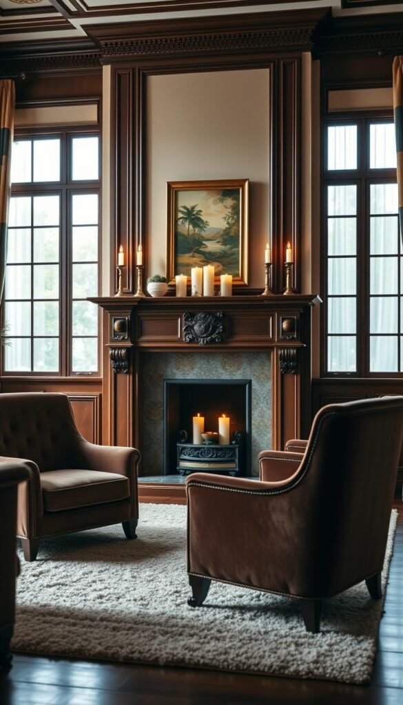 A refined and elegant formal living room featuring a beautifully crafted fireplace surround as the focal point. In the foreground, lush velvet upholstery in deep hues adorns a pair of sophisticated armchairs, while a plush area rug adds warmth. The middle section showcases an ornate mantelpiece above the fireplace, decorated with tasteful artwork and strategically placed candles that cast a soft, inviting glow. Rich wooden elements and intricate moldings frame the room, enhancing its grandeur. In the background, large windows allow natural light to spill in, complemented by sheer drapes that flutter gently. The overall atmosphere conveys luxury and comfort, perfect for elegant gatherings, captured with a soft focus lens effect to evoke a serene, inviting ambiance. A refined and elegant formal living room featuring a beautifully crafted fireplace surround as the focal point. In the foreground, lush velvet upholstery in deep hues adorns a pair of sophisticated armchairs, while a plush area rug adds warmth. The middle section showcases an ornate mantelpiece above the fireplace, decorated with tasteful artwork and strategically placed candles that cast a soft, inviting glow. Rich wooden elements and intricate moldings frame the room, enhancing its grandeur. In the background, large windows allow natural light to spill in, complemented by sheer drapes that flutter gently. The overall atmosphere conveys luxury and comfort, perfect for elegant gatherings, captured with a soft focus lens effect to evoke a serene, inviting ambiance.