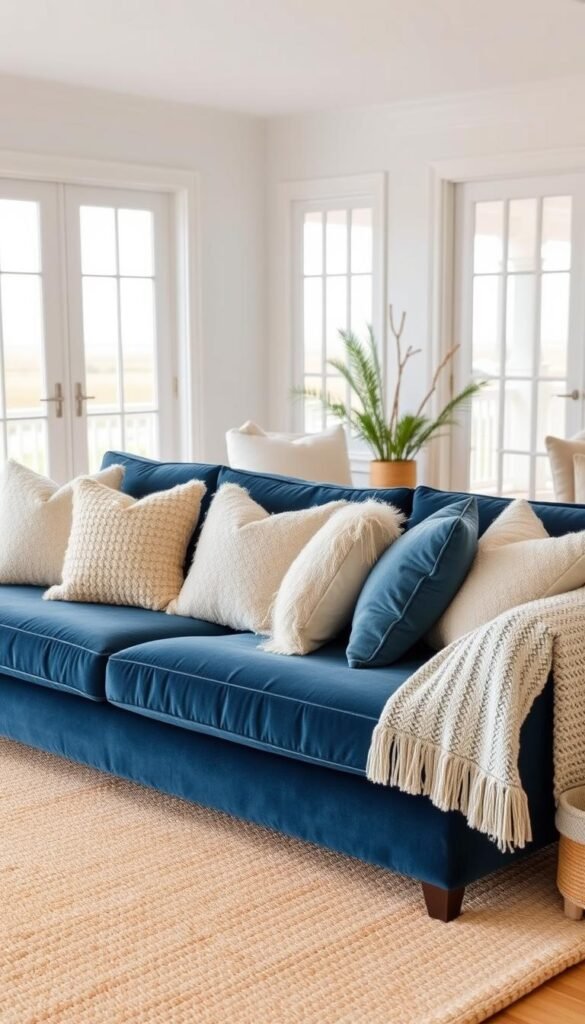 A serene living room featuring a deep blue sofa styled with a variety of plush, textured cushions in soft neutral tones. The foreground showcases the sofa prominently, surrounded by a cozy, light-colored woven rug that adds warmth and texture to the space. In the middle, the setting includes a subtle wooden coffee table adorned with a few simple decorative items, enhancing the tranquil atmosphere. The background reveals large windows that invite soft, natural light into the room, creating a bright and inviting ambiance. The walls are painted in a gentle pastel shade, enhancing the calm and coastal feeling of the design. The overall mood is relaxed and soothing, perfect for a coastal-inspired living area.
