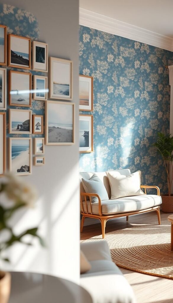 A serene living room scene featuring a blue floral wallpaper panel that exudes a calming coastal vibe. In the foreground, showcase a curated gallery wall filled with various art pieces, including abstract landscapes and seaside photography, all framed in light wood. The middle ground highlights a cozy seating arrangement with soft, neutral-toned cushions and a natural jute rug. In the background, the blue floral wallpaper provides a soothing contrast to the artwork. Bright, natural light filters in through a nearby window, casting gentle shadows and enhancing the fresh, airy atmosphere. Capture the scene from a slight angle, emphasizing the layered textures and inviting ambiance of the room, creating a feeling of serenity and tranquility.