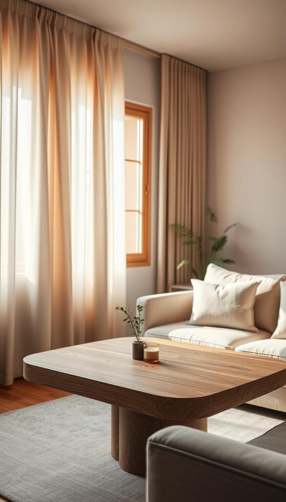 A serene living room scene featuring a soft, flowing linen curtain gently swaying by an open window, allowing warm sunlight to pour in. In the foreground, an elegant, textured oak table with a natural finish showcases minimalistic decor—perhaps a small potted plant or a simple candle. The middle ground includes plush, neutral-toned seating, promoting calmness. In the background, subtle hints of greenery can be seen through the window, complementing the indoor plants. The lighting is soft and warm, creating a cozy atmosphere, while a wide-angle lens captures the spaciousness of the room. The overall mood is peaceful and inviting, embodying the essence of minimalist design focused on tranquility.