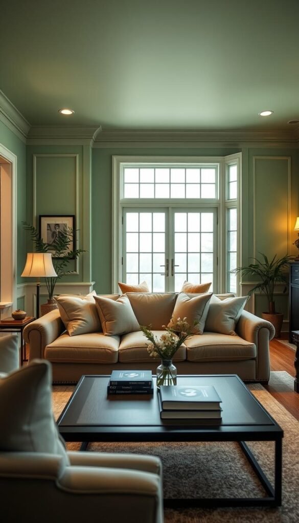 A serene living room showcasing soft green paint enveloping the walls, ceiling, and millwork. The foreground features a cozy, plush sofa adorned with neutral-colored cushions, inviting relaxation. The middle ground highlights a stylish coffee table topped with a few elegantly arranged books and a delicate vase of fresh flowers. In the background, large windows allow gently diffused natural light to spill in, accentuating the tranquil atmosphere. The overall scene is enhanced by warm, ambient lighting that creates a cozy feel. Capture this image from a slightly elevated angle to emphasize depth and perspective, showcasing the harmonious blend of color and comfort in the space. The mood is inviting and calm, perfect for a cozy evening at home. A serene living room showcasing soft green paint enveloping the walls, ceiling, and millwork. The foreground features a cozy, plush sofa adorned with neutral-colored cushions, inviting relaxation. The middle ground highlights a stylish coffee table topped with a few elegantly arranged books and a delicate vase of fresh flowers. In the background, large windows allow gently diffused natural light to spill in, accentuating the tranquil atmosphere. The overall scene is enhanced by warm, ambient lighting that creates a cozy feel. Capture this image from a slightly elevated angle to emphasize depth and perspective, showcasing the harmonious blend of color and comfort in the space. The mood is inviting and calm, perfect for a cozy evening at home.