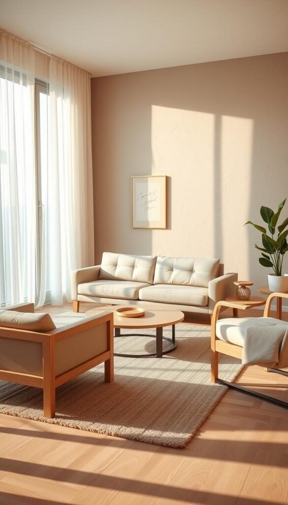 A serene minimalist living room featuring a slim, elegant sofa in soft neutral tones, positioned centrally. Flanking the sofa are practical furniture pieces like a sleek coffee table and an ergonomic armchair, all crafted from light wood with smooth finishes. The room features large windows allowing natural light to flood in, with sheer white curtains gently swaying. In the background, a textured wall in muted pastel adds warmth, complemented by a single, minimalist piece of art. A cozy area rug anchors the space, and soft shadows create depth and tranquility. The atmosphere is calm and inviting, captured from a low angle, with a warm and soft lighting setup that enhances the cozy yet stylish vibe.