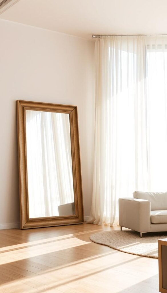 A serene minimalist living room, featuring sheer white curtains gently blowing in a soft breeze, allowing abundant natural light to flood the space. In the foreground, a large, elegant mirror reflects the light and enhances the room's spacious feel. The color palette is composed of soft neutrals like beige and light gray, with a plush area rug underfoot. A simple, modern sofa with clean lines rests against a light-colored wall, complemented by a few understated decorative items. The atmosphere is calm and inviting, with a warm glow from the sunlight. The scene is captured from a slightly elevated angle, emphasizing the harmonious balance of light and space, creating a tranquil retreat. The focus remains on the interplay of light, fabric, and reflective surfaces.