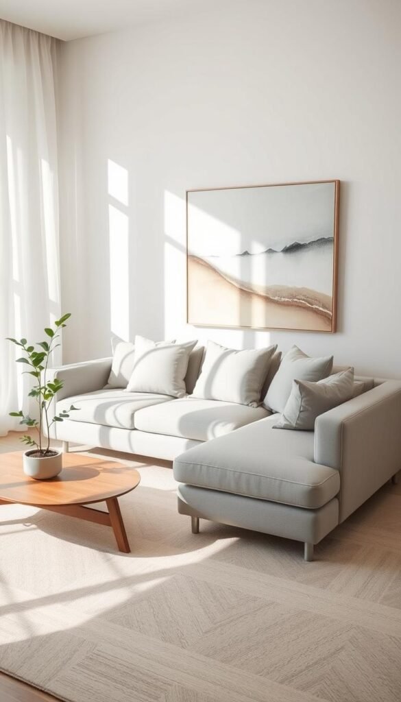 A serene minimalist living room focused on balanced design, featuring a stylish, light gray sectional sofa positioned at the center. The sofa is adorned with neutral cushions in soft textures, creating a cozy yet refined atmosphere. Behind the sofa, a large abstract artwork with soothing colors hangs symmetrically on the wall, adding an artistic touch without overwhelming the space. To the left, a simple wooden coffee table holds a single green plant in a minimalist pot, enhancing the calm vibe. Soft, natural sunlight streams through sheer white curtains, creating gentle shadows and highlighting the clean lines of the furniture. The angle captures the room from a slight elevation, emphasizing the harmonious proportions and inviting ambiance of the space, perfect for relaxation and contemplation.