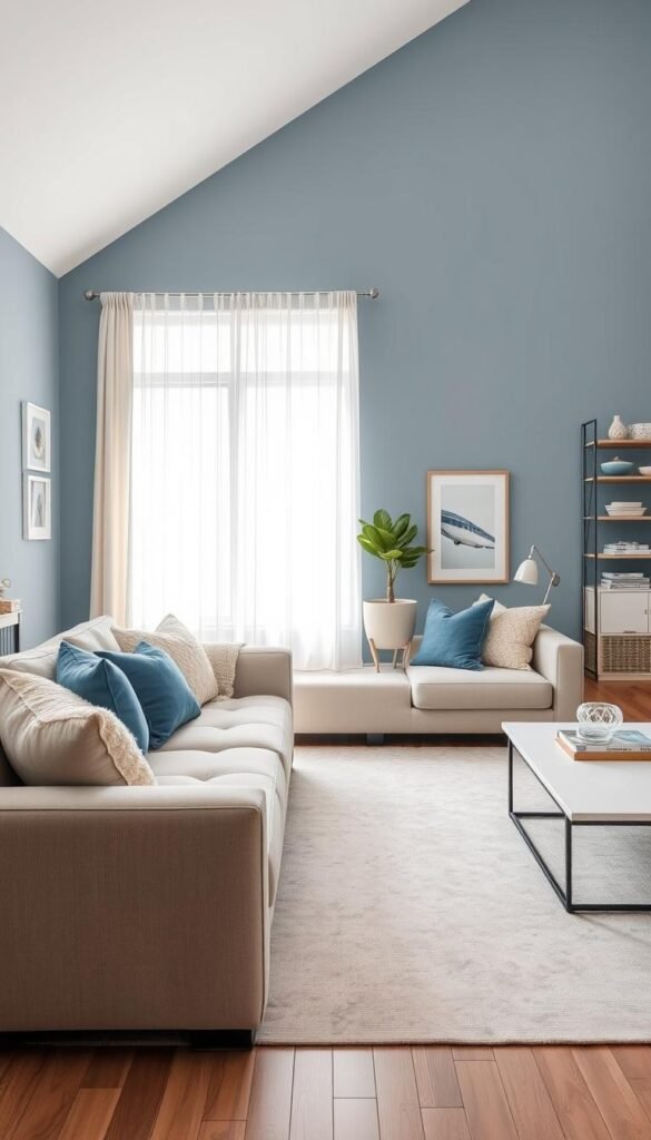 A serene modern living room featuring a blue-gray accent wall that evokes a coastal ambiance. The foreground showcases a plush, neutral-colored sofa adorned with soft, textured pillows in varying shades of blue and cream. On a light-colored area rug, a stylish coffee table with minimal decor sits elegantly. In the middle ground, the room is illuminated by soft, natural light streaming through large, sheer curtains, enhancing the tranquil atmosphere. Subtle coastal decor elements, such as a large potted plant and framed seaside artwork, are positioned strategically on the walls. The background reveals a tastefully designed shelf with nautical-inspired decor items. Capture this scene with a wide-angle lens to emphasize the spaciousness and inviting feel of the room, enhancing the overall calmness of the space.