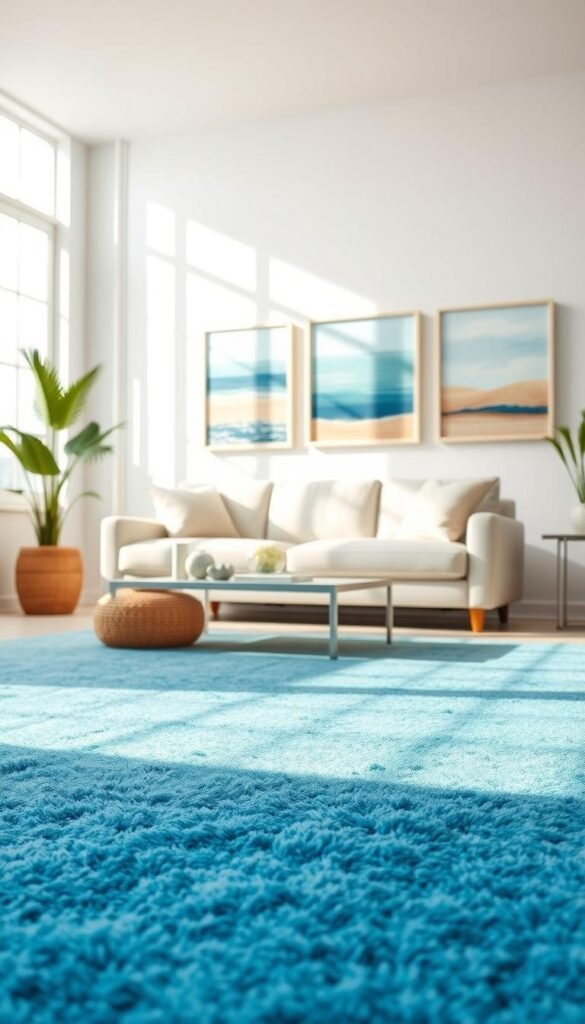 A serene neutral living room exuding calmness, featuring a vibrant blue rug that serves as the focal point, adding a splash of color to the space. The foreground showcases the soft texture of the rug, while in the middle, a collection of coastal-themed artwork hangs on the walls, incorporating shades of blue, teal, and sandy beige. In the background, large windows allow natural light to stream in, illuminating the room and creating a warm, inviting atmosphere. A comfortable, minimalist sofa in a light hue complements the decor, with simple decorative cushions. The scene is captured with a cozy lens angle, emphasizing the harmony between the colors and the tranquil mood of a coastal-inspired living space.