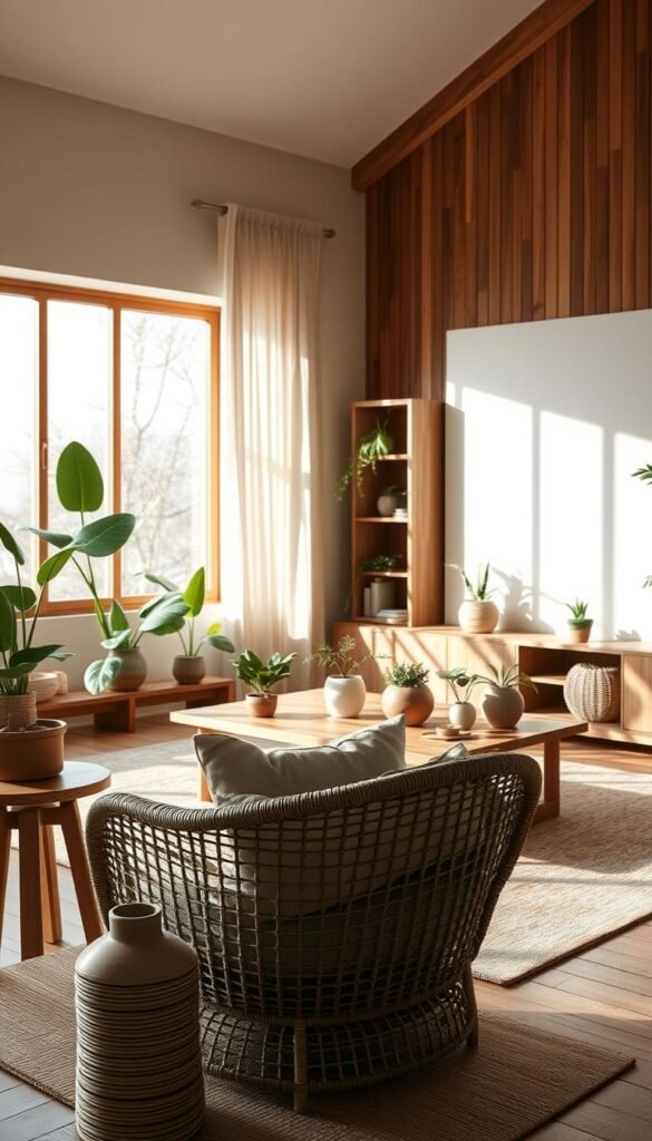 A serene sage living room interior with a harmonious blend of warm wood, rattan, and clay elements. In the foreground, a cozy rattan armchair with soft, plush cushions invites relaxation, accompanied by a small, rustic clay side table. The middle ground features a sleek wooden coffee table adorned with green houseplants and natural decor items, while a minimalistic bookshelf showcases earthy tones and organic textures. In the background, large windows allow gentle, diffused sunlight to pour in, casting soft shadows and emphasizing the earthy palette. The atmosphere is calm and inviting, conveying a connection to nature, perfect for a green living space. Capture the scene from a slightly elevated angle, with a focus on creating a warm, welcoming ambiance. A serene sage living room interior with a harmonious blend of warm wood, rattan, and clay elements. In the foreground, a cozy rattan armchair with soft, plush cushions invites relaxation, accompanied by a small, rustic clay side table. The middle ground features a sleek wooden coffee table adorned with green houseplants and natural decor items, while a minimalistic bookshelf showcases earthy tones and organic textures. In the background, large windows allow gentle, diffused sunlight to pour in, casting soft shadows and emphasizing the earthy palette. The atmosphere is calm and inviting, conveying a connection to nature, perfect for a green living space. Capture the scene from a slightly elevated angle, with a focus on creating a warm, welcoming ambiance.