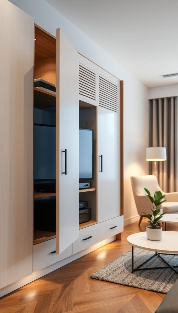 A sleek, modern closed cabinet designed for living room electronics, featuring a ventilated space. The cabinet is finished in a matte white with subtle wood grain accents. In the foreground, the cabinet doors slightly ajar, revealing neatly organized electronic devices like a sound system and streaming box. In the middle ground, soft ambient lighting highlights the cabinet, creating a warm atmosphere. The background showcases a minimalist living room with a cozy armchair and a small coffee table, adorned with a potted plant. The scene is captured from a low angle, providing a sense of spaciousness and modernity. The overall mood is inviting and contemporary, emphasizing clean lines and functionality.