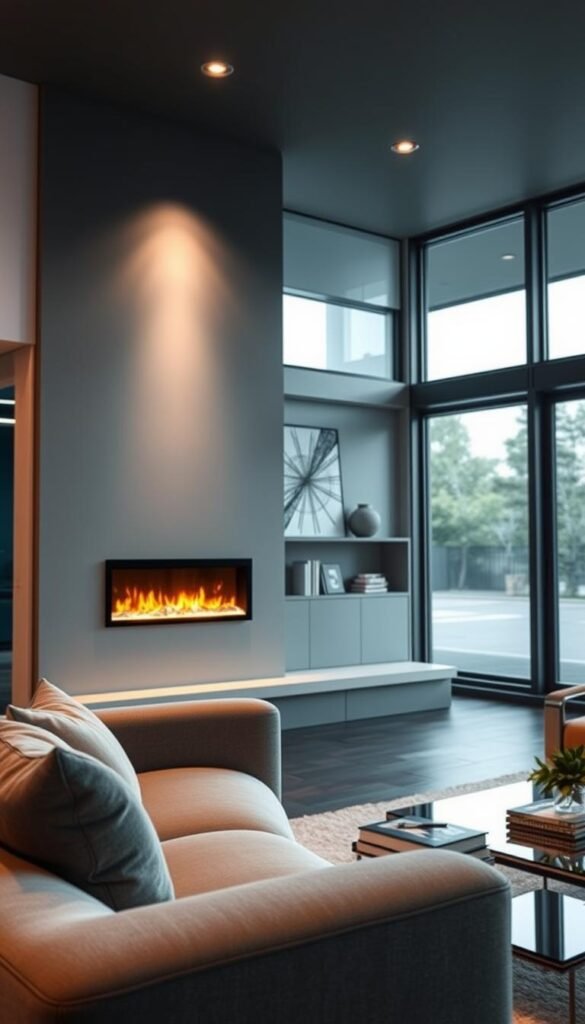A sleek, modern living room featuring a linear electric fireplace elegantly set into a minimalist feature wall. The fireplace emits a warm, inviting glow, casting soft light onto the surrounding space. In the foreground, a low-profile, plush sofa in neutral tones complements the fireplace, with a stylish coffee table adorned with a few elegant coffee table books and a small plant. The middle layer showcases the feature wall, accentuated by contemporary wall art and built-in shelves displaying decorative items. In the background, large windows allow natural light to flood the room, highlighting the cozy atmosphere. The scene captures a tranquil, inviting mood, ideal for relaxation, with soft-focus lighting that enhances the warmth of the fireplace. No people are included, ensuring a clean and serene depiction.