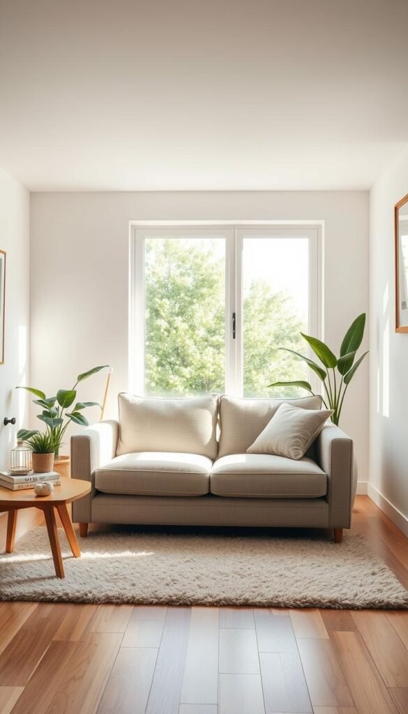 A small, cozy living room featuring a compact, stylish sofa in soft, neutral fabric, positioned centrally on a plush, light-colored rug. To the left, a warm wooden coffee table, adorned with a couple of decorative books and a small potted plant. Surrounding the space, light, airy walls painted in pastel tones enhance the inviting atmosphere. In the background, a floor-to-ceiling window allowing natural sunlight to flood the room, casting soft shadows and creating a serene ambiance. Touches of greenery from a few houseplants in the corners add life to the scene. Captured from a slightly elevated angle, with soft, diffused lighting subtly enhancing the textures, the mood is one of ultimate relaxation and comfort, perfectly illustrating a cozy retreat. A small, cozy living room featuring a compact, stylish sofa in soft, neutral fabric, positioned centrally on a plush, light-colored rug. To the left, a warm wooden coffee table, adorned with a couple of decorative books and a small potted plant. Surrounding the space, light, airy walls painted in pastel tones enhance the inviting atmosphere. In the background, a floor-to-ceiling window allowing natural sunlight to flood the room, casting soft shadows and creating a serene ambiance. Touches of greenery from a few houseplants in the corners add life to the scene. Captured from a slightly elevated angle, with soft, diffused lighting subtly enhancing the textures, the mood is one of ultimate relaxation and comfort, perfectly illustrating a cozy retreat.
