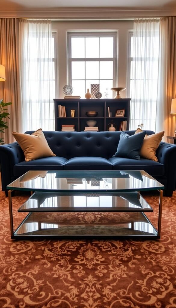A sophisticated formal living room featuring a beautifully tailored sofa upholstered in rich navy blue fabric, adorned with plush throw pillows in complementary shades. In front of the sofa, a sleek glass coffee table with elegant gold accents rests on a luxurious patterned area rug. The middle ground showcases large windows draped with sheer white curtains, allowing soft natural light to fill the space, enhancing the room's elegant atmosphere. Behind the sofa, a tasteful bookshelf displays select decorative items and books, contributing to the refined decor. The lighting is warm and inviting, creating an atmosphere perfect for elegant gatherings. The scene is captured from a slightly elevated angle, emphasizing the harmonious balance between the furniture and decor. The overall mood is sophisticated and welcoming, ideal for leisurely conversations. A sophisticated formal living room featuring a beautifully tailored sofa upholstered in rich navy blue fabric, adorned with plush throw pillows in complementary shades. In front of the sofa, a sleek glass coffee table with elegant gold accents rests on a luxurious patterned area rug. The middle ground showcases large windows draped with sheer white curtains, allowing soft natural light to fill the space, enhancing the room's elegant atmosphere. Behind the sofa, a tasteful bookshelf displays select decorative items and books, contributing to the refined decor. The lighting is warm and inviting, creating an atmosphere perfect for elegant gatherings. The scene is captured from a slightly elevated angle, emphasizing the harmonious balance between the furniture and decor. The overall mood is sophisticated and welcoming, ideal for leisurely conversations.