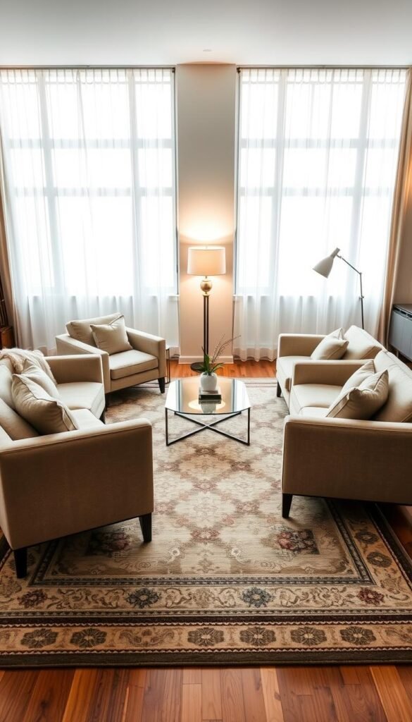 A sophisticated living room featuring gracefully anchored sofas and chairs on an elegant area rug, symbolizing balance and harmony. In the foreground, plush, muted-tone sofas with decorative pillows are arranged around a stylish coffee table. The middle section includes a chic rug that ties the seating together, showcasing intricate patterns in subtle colors. In the background, soft natural light pours in through large, framed windows dressed in sheer curtains, illuminating the warm wood flooring and minimalist decor. A sleek modern lamp casts a gentle glow, enhancing the inviting atmosphere. The overall mood is serene and timeless, reflecting a classy interior design that emphasizes comfort and elegance.