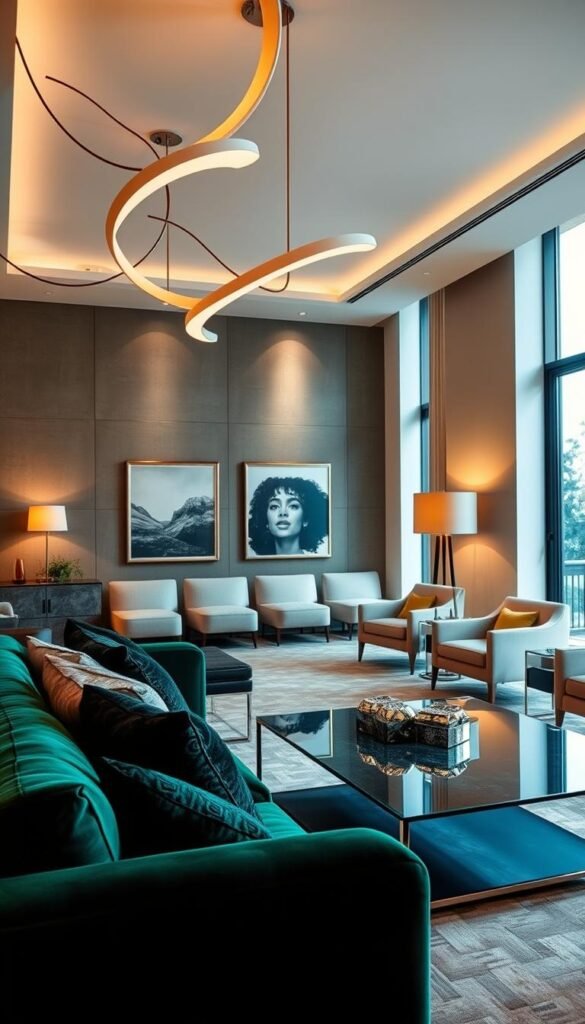 A sophisticated living room featuring sculptural lighting and task lights that enhance the elegant decor. In the foreground, a plush velvet sofa in rich emerald green, adorned with stylish throw pillows. In the middle, a sleek glass coffee table reflecting the ambient light, surrounded by contemporary armchairs in a neutral palette. The sculptural light fixtures overhead create a warm glow, casting soft shadows across the room, emphasizing the textures of the walls adorned with tasteful art. Floor-to-ceiling windows in the background allow natural light to filter in, illuminating the space. The atmosphere is inviting and luxurious, evoking a sense of modern sophistication and comfort. The composition is captured at a slight angle, showcasing the interplay of light and the stylish furniture arrangement. A sophisticated living room featuring sculptural lighting and task lights that enhance the elegant decor. In the foreground, a plush velvet sofa in rich emerald green, adorned with stylish throw pillows. In the middle, a sleek glass coffee table reflecting the ambient light, surrounded by contemporary armchairs in a neutral palette. The sculptural light fixtures overhead create a warm glow, casting soft shadows across the room, emphasizing the textures of the walls adorned with tasteful art. Floor-to-ceiling windows in the background allow natural light to filter in, illuminating the space. The atmosphere is inviting and luxurious, evoking a sense of modern sophistication and comfort. The composition is captured at a slight angle, showcasing the interplay of light and the stylish furniture arrangement.