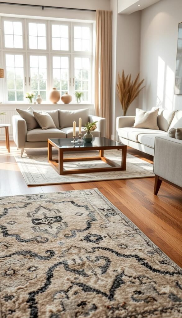 A sophisticated living room scene showcasing a beautifully textured rug placed prominently on a warm wooden floor. The foreground features the intricate details of the rug's patterns, complementing the natural grain of the wood, while soft, muted linen sofas provide a cozy contrast. In the middle ground, a modern coffee table made of glass and wood provides a functional space, adorned with a few tasteful decorative elements like candles and a small vase of fresh flowers. The background showcases airy windows allowing natural light to flood the room, creating a warm and inviting atmosphere. The overall color palette is neutral, with soft beiges, light grays, and warm browns, evoking a sense of contemporary luxury and modern elegance. The image is captured from a slightly elevated angle, highlighting the layered textures and harmonious design. A sophisticated living room scene showcasing a beautifully textured rug placed prominently on a warm wooden floor. The foreground features the intricate details of the rug's patterns, complementing the natural grain of the wood, while soft, muted linen sofas provide a cozy contrast. In the middle ground, a modern coffee table made of glass and wood provides a functional space, adorned with a few tasteful decorative elements like candles and a small vase of fresh flowers. The background showcases airy windows allowing natural light to flood the room, creating a warm and inviting atmosphere. The overall color palette is neutral, with soft beiges, light grays, and warm browns, evoking a sense of contemporary luxury and modern elegance. The image is captured from a slightly elevated angle, highlighting the layered textures and harmonious design.