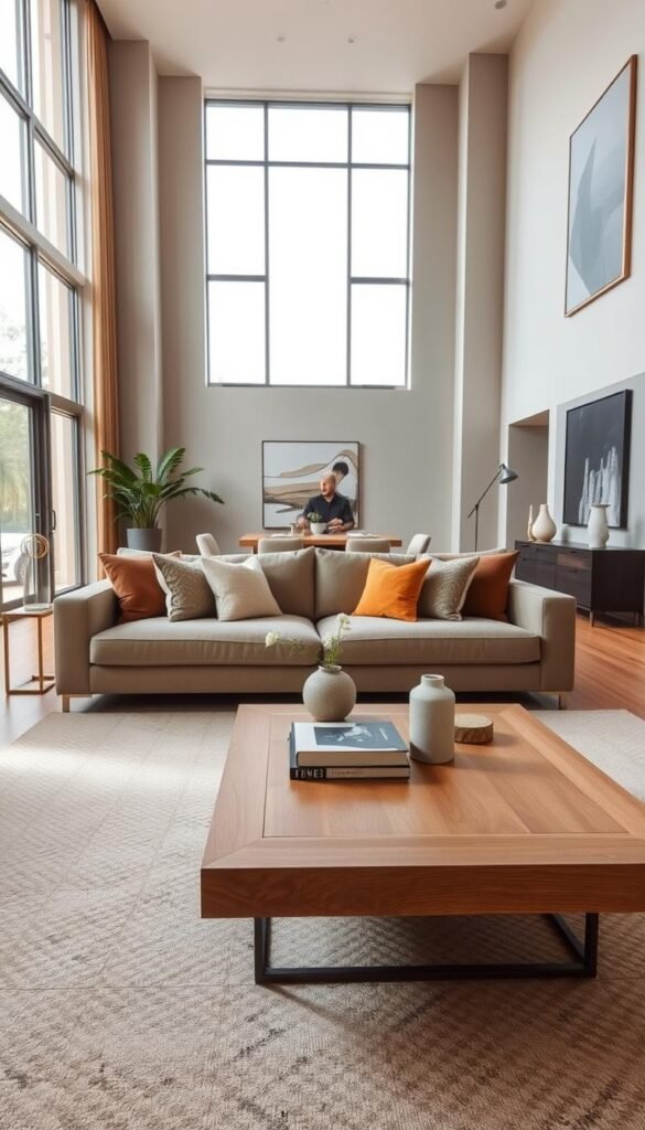 A spacious and elegantly designed living room layout featuring a measured, plush sofa in soft taupe, a large, inviting area rug with a geometric pattern, and a stylish coffee table made of light oak. The foreground showcases the sofa, complemented by decorative throw pillows in warm colors, while the middle ground features the chic coffee table adorned with a few artful books and a minimalist vase. In the background, tall windows allow natural light to flood the space, highlighting the high ceilings and tastefully chosen wall art. The atmosphere is warm and welcoming, evoking a sense of grandeur yet intimacy, ideal for stylish gatherings. Capture the scene at a slightly elevated angle to emphasize the room's layout and design.