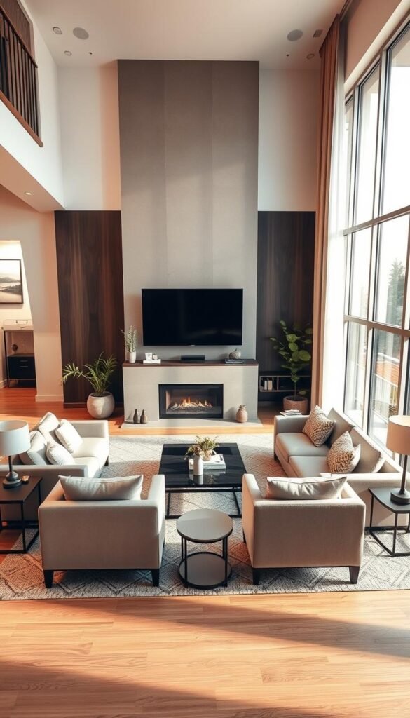 A spacious and inviting living room layout featuring a central seating area arranged around a stylish fireplace and a large flat-screen TV. In the foreground, a plush sectional sofa in neutral tones flanked by modern accent chairs, complemented by a cozy coffee table. The middle section showcases a sleek entertainment unit beneath the TV, adorned with tasteful décor. The background features large windows allowing soft natural light to fill the room, enhancing the warm atmosphere. Decorative plants and a mix of art pieces adorn the walls, contributing to a grand yet inviting ambiance. The lighting is soft and warm, mimicking late afternoon sunlight, captured in a wide-angle view to emphasize the room's spaciousness and comfortable elegance.