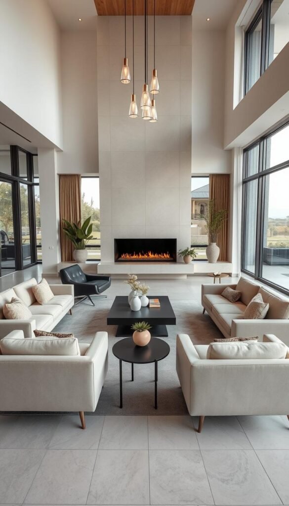 A spacious, elegantly designed living room featuring floating seating arranged around a modern fireplace. The foreground showcases plush sofas and stylish lounge chairs in soft, neutral tones, enhancing the room's inviting atmosphere. In the middle, a sleek coffee table complements the seating, surrounded by decorative plants and artistic accents that add warmth. The background reveals large windows that flood the space with natural light, framing a view of a serene outdoor landscape. Soft, ambient lighting fixtures hang from the high ceiling, creating a cozy yet grand atmosphere. The overall composition should reflect a harmonious blend of luxury and comfort, inviting viewers to envision themselves in this beautifully designed space.