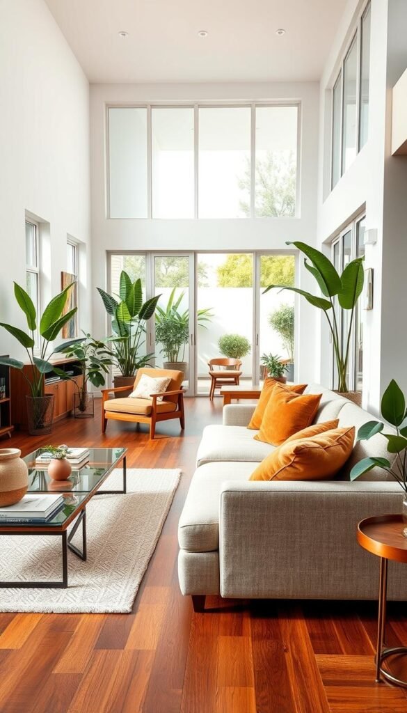 A spacious modern living room featuring white walls that enhance natural light, complemented by rich brown wood flooring and elegant wooden furniture. In the foreground, a plush, neutral-colored sofa invites relaxation, adorned with soft cushions in earthy tones. To the left, a stylish coffee table showcases a small stack of art books and a modern decorative vase. Lush green plants are strategically placed throughout the room, adding life and vibrancy, while large windows frame a view of a serene outdoor space. Warm, diffused lighting creates a cozy yet sophisticated atmosphere. Capture this scene from a slightly elevated angle, using a wide lens to emphasize the grandeur of the room, ensuring the space feels both inviting and expansive.