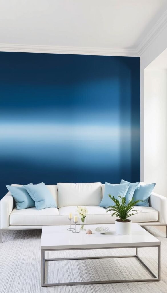 A striking blue ombre feature wall that elegantly transitions from deep navy at the base to a soft, pale blue at the top. The wall is featured in a cozy living room setting, evoking a calming coastal atmosphere. In the foreground, a stylish white couch with light blue cushions complements the wall, creating a harmonious color palette. A modern coffee table sits in front, adorned with a few seashell accents and a potted plant. The lighting is soft and diffused, casting a gentle glow that enhances the serene mood. The angle captures the feature wall prominently while providing a glimpse of the room's inviting ambiance. Perfect for illustrating a tranquil space that embodies a coastal living room design.