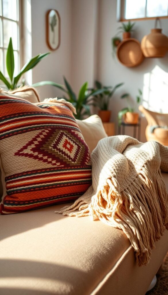 A stylish boho sofa adorned with a woven pillow featuring intricate patterns, complemented by a soft, cozy throw draped casually over one arm. The scene is enriched with a fringed textile elegantly placed on the sofa or nearby. In the foreground, the rich textures create a warm and inviting atmosphere, while the middle ground showcases a chic living room setting with light wood accents and indoor plants to enhance the bohemian aesthetic. The background includes soft natural lighting that filters through a window, casting gentle shadows and creating a serene ambiance. Shot at a slight angle to capture the depth and inviting nature of the space, the image exudes a comfortable and personalized vibe, perfect for a boho-inspired living area. A stylish boho sofa adorned with a woven pillow featuring intricate patterns, complemented by a soft, cozy throw draped casually over one arm. The scene is enriched with a fringed textile elegantly placed on the sofa or nearby. In the foreground, the rich textures create a warm and inviting atmosphere, while the middle ground showcases a chic living room setting with light wood accents and indoor plants to enhance the bohemian aesthetic. The background includes soft natural lighting that filters through a window, casting gentle shadows and creating a serene ambiance. Shot at a slight angle to capture the depth and inviting nature of the space, the image exudes a comfortable and personalized vibe, perfect for a boho-inspired living area.